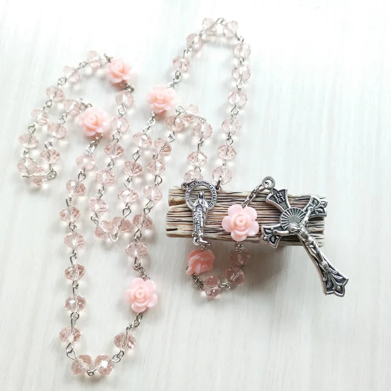 Qigo rosa cristal rosário colar católico vintage cruz pingente longo colar jóias religiosas