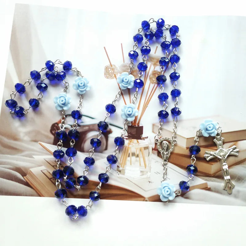 Qigo rosa cristal rosário colar católico vintage cruz pingente longo colar jóias religiosas