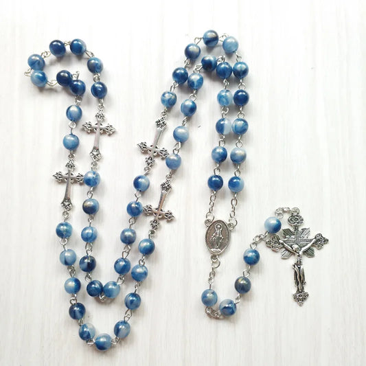 Qigo colar de rosário acrílico azul, pingente de cruz longa, colar católico, joias religiosas para homens e mulheres