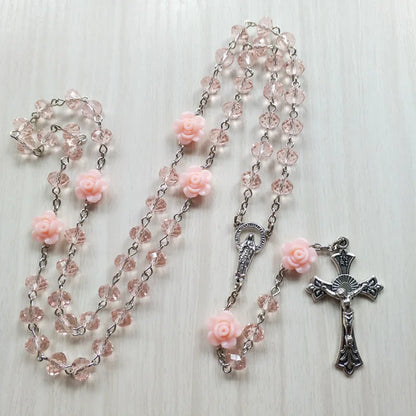 Qigo rosa cristal rosário colar católico vintage cruz pingente longo colar jóias religiosas