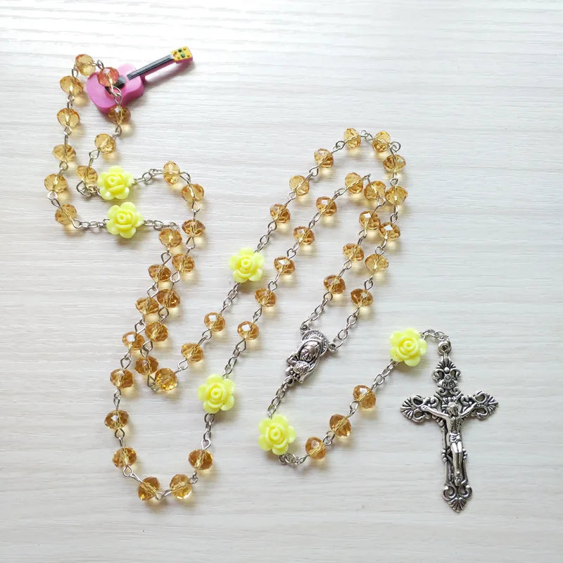 Qigo rosa cristal rosário colar católico vintage cruz pingente longo colar jóias religiosas