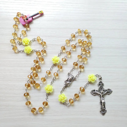 Qigo rosa cristal rosário colar católico vintage cruz pingente longo colar jóias religiosas
