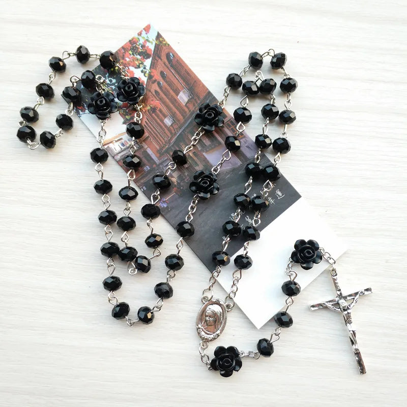 Qigo rosa cristal rosário colar católico vintage cruz pingente longo colar jóias religiosas