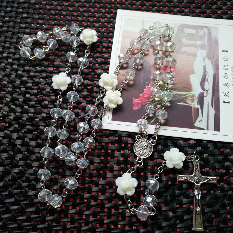 Qigo rosa cristal rosário colar católico vintage cruz pingente longo colar jóias religiosas
