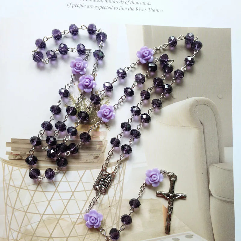 Qigo rosa cristal rosário colar católico vintage cruz pingente longo colar jóias religiosas