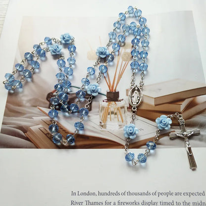 Qigo rosa cristal rosário colar católico vintage cruz pingente longo colar jóias religiosas