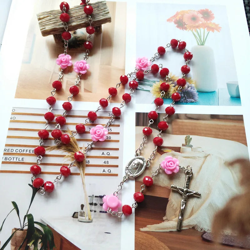 Qigo rosa cristal rosário colar católico vintage cruz pingente longo colar jóias religiosas