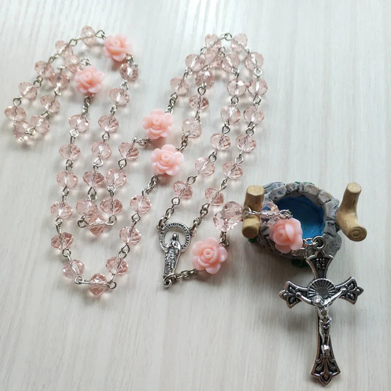 Qigo rosa cristal rosário colar católico vintage cruz pingente longo colar jóias religiosas