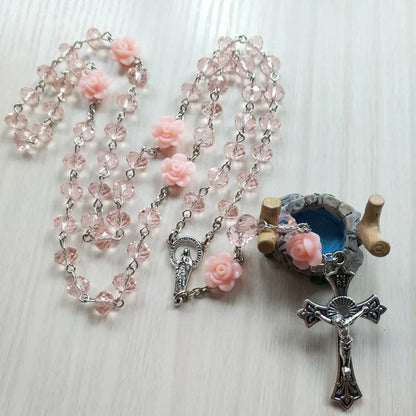 Qigo rosa cristal rosário colar católico vintage cruz pingente longo colar jóias religiosas