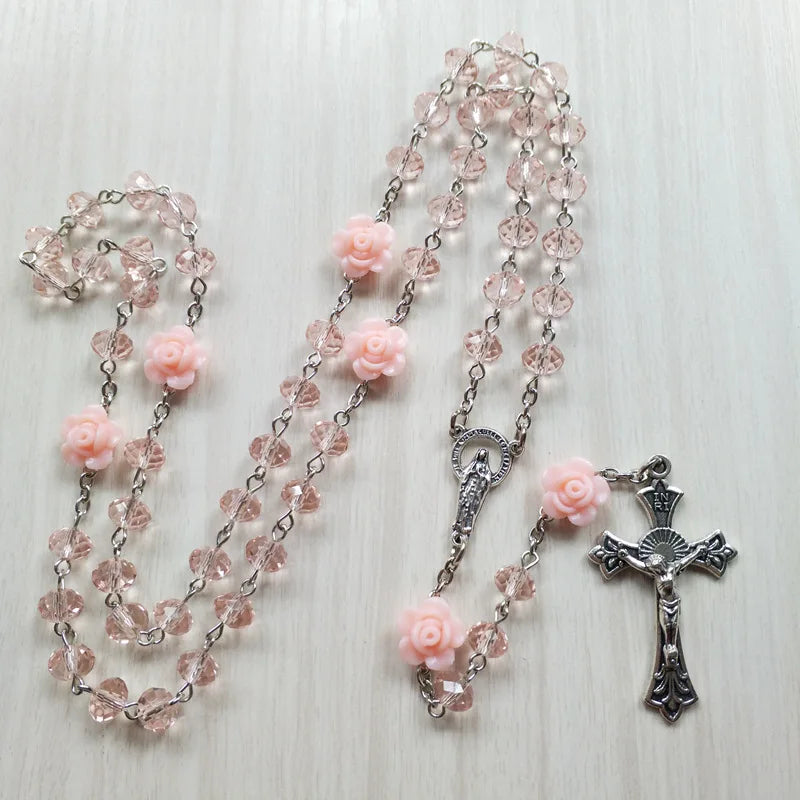 Qigo rosa cristal rosário colar católico vintage cruz pingente longo colar jóias religiosas