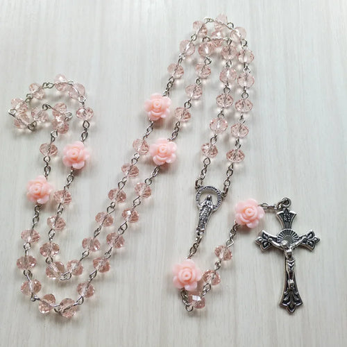 Qigo rosa cristal rosário colar católico vintage cruz pingente longo colar jóias religiosas