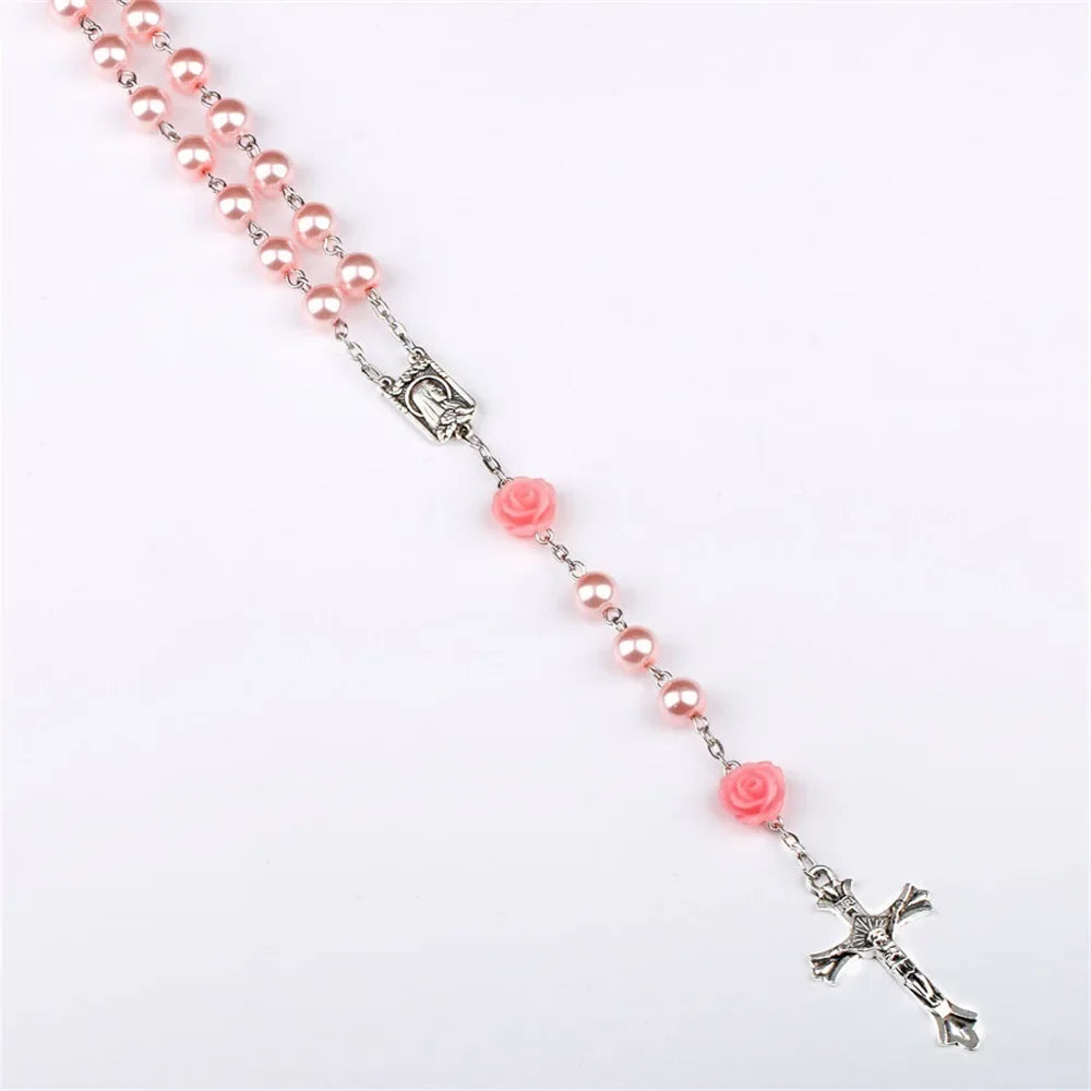 Colar de rosário rosa de 6mm para mulheres, corrente de contas de vidro rosa, crucifixo, cruz inri, pingente masculino, oração religiosa, joias longas