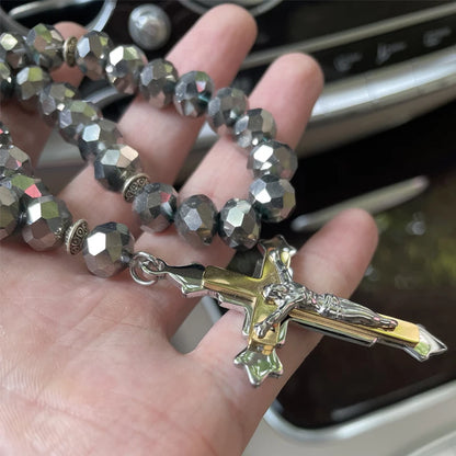 Cruz cristã jesus oração 33 contas rosário de aço inoxidável carro pednant pendurado