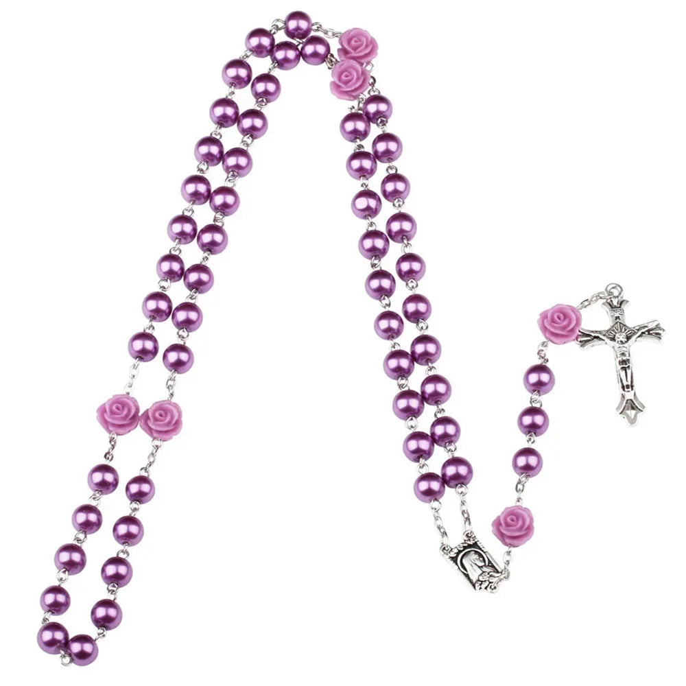 Colar de rosário rosa de 6mm para mulheres, corrente de contas de vidro rosa, crucifixo, cruz inri, pingente masculino, oração religiosa, joias longas
