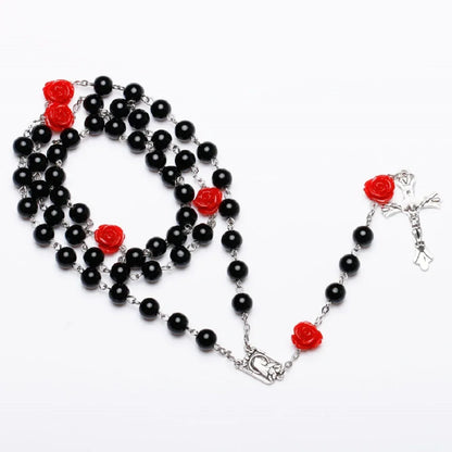Colar de rosário rosa de 6mm para mulheres, corrente de contas de vidro rosa, crucifixo, cruz inri, pingente masculino, oração religiosa, joias longas