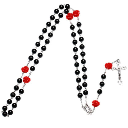 Colar de rosário rosa de 6mm para mulheres, corrente de contas de vidro rosa, crucifixo, cruz inri, pingente masculino, oração religiosa, joias longas