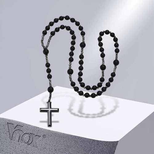 Terço de Colar Preto Hematita Vnox Unissex