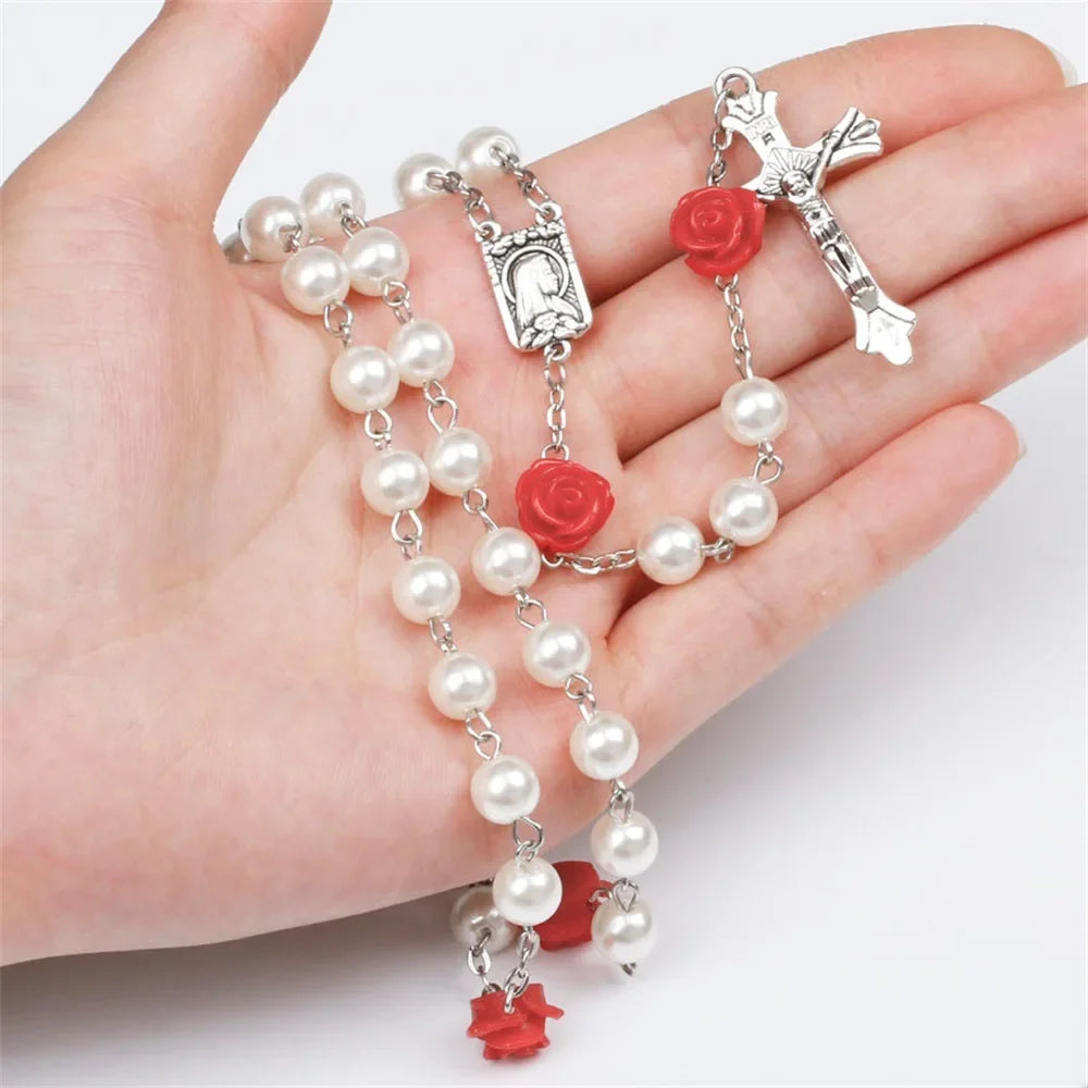Colar de rosário rosa de 6mm para mulheres, corrente de contas de vidro rosa, crucifixo, cruz inri, pingente masculino, oração religiosa, joias longas