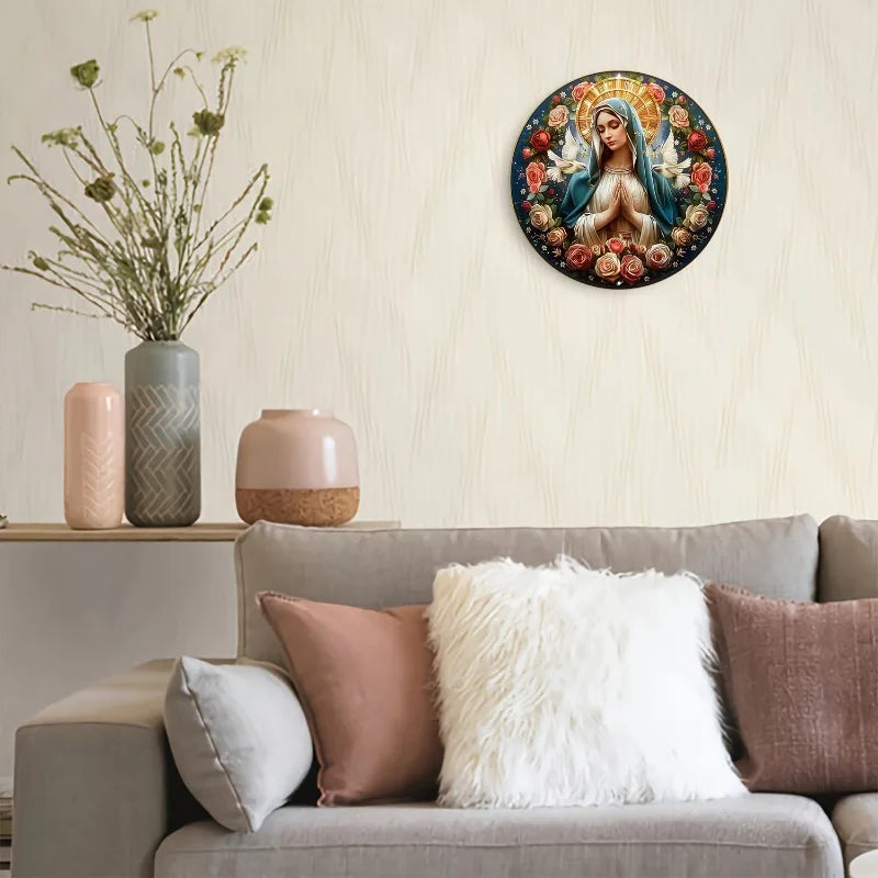 Placa de Alumínio Virgem Maria com Guirlanda Floral
