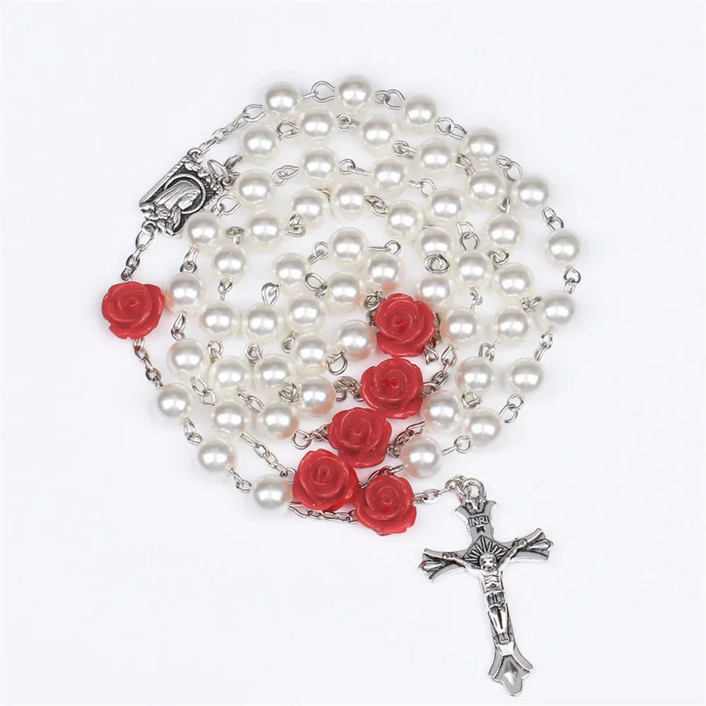 Colar de rosário rosa de 6mm para mulheres, corrente de contas de vidro rosa, crucifixo, cruz inri, pingente masculino, oração religiosa, joias longas