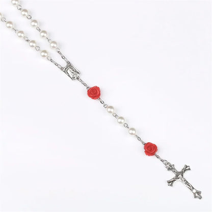 Colar de rosário rosa de 6mm para mulheres, corrente de contas de vidro rosa, crucifixo, cruz inri, pingente masculino, oração religiosa, joias longas