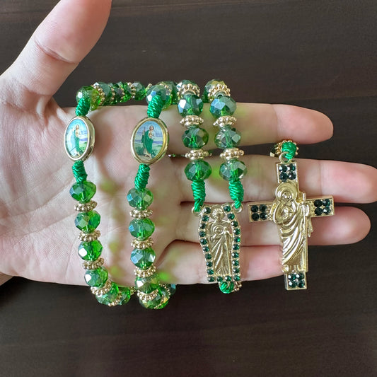 Rosário Verde de Cristal com Cruz e Medalha de Proteção