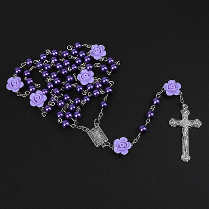 Rosário católico contas rosário colar cristão orando 6mm contas de pérola longa corrente y cruz pingente para mulheres religioso jóias