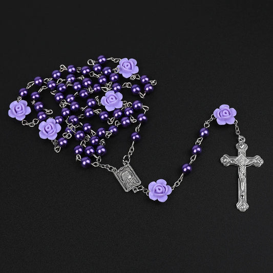 Rosário católico contas rosário colar cristão orando 6mm contas de pérola longa corrente y cruz pingente para mulheres religioso jóias