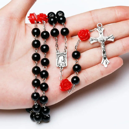 Colar de rosário rosa de 6mm para mulheres, corrente de contas de vidro rosa, crucifixo, cruz inri, pingente masculino, oração religiosa, joias longas