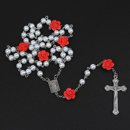 Rosário católico contas rosário colar cristão orando 6mm contas de pérola longa corrente y cruz pingente para mulheres religioso jóias