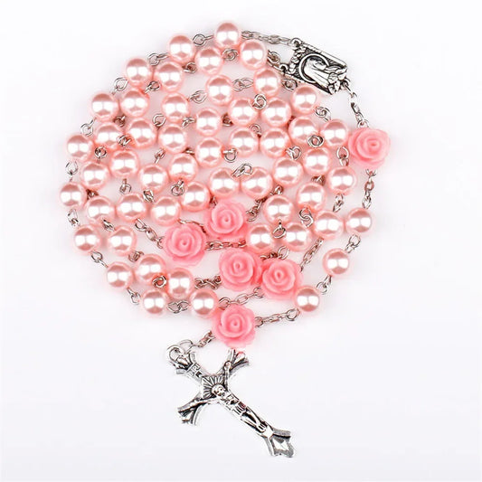 Colar de rosário rosa de 6mm para mulheres, corrente de contas de vidro rosa, crucifixo, cruz inri, pingente masculino, oração religiosa, joias longas