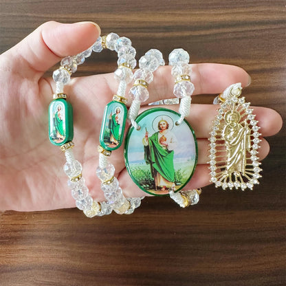 Rosário Verde de Cristal com Cruz e Medalha de Proteção