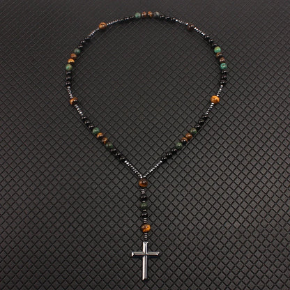 Pedra natural turquesa & tigre-olho contas cruz pingente colar bohemia colorido grânulo colar contas cor é aleatória