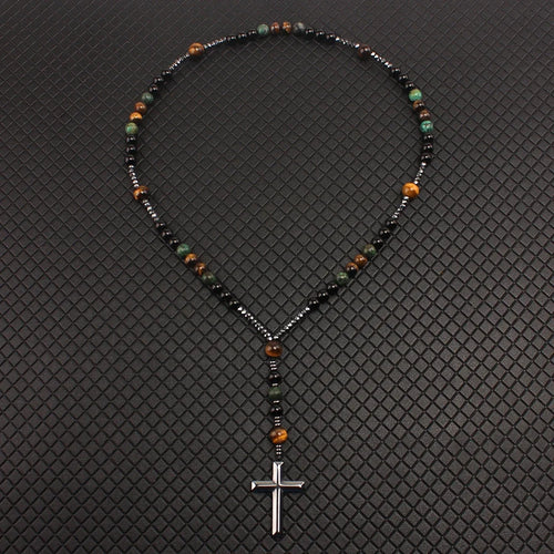 Pedra natural turquesa & tigre-olho contas cruz pingente colar bohemia colorido grânulo colar contas cor é aleatória