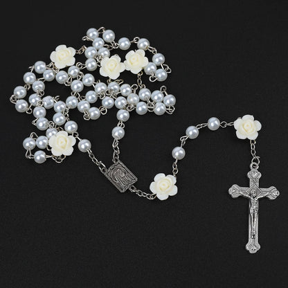 Rosário católico contas rosário colar cristão orando 6mm contas de pérola longa corrente y cruz pingente para mulheres religioso jóias