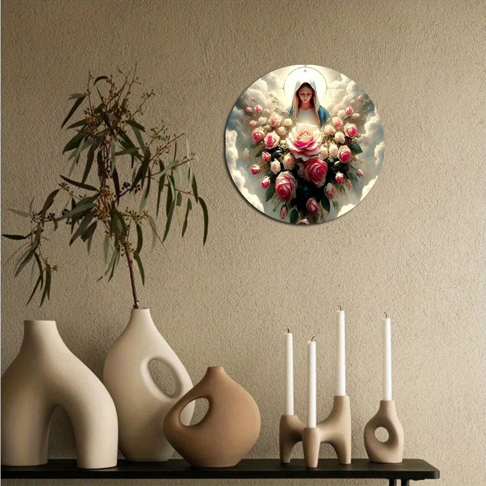 Placa Virgem Maria com Flores e Proteção Divina