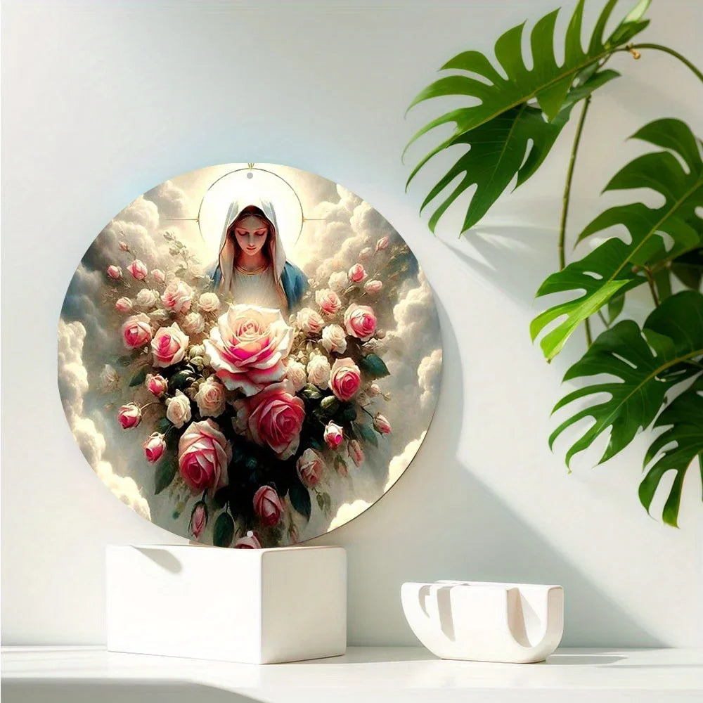 Placa Virgem Maria com Flores e Proteção Divina