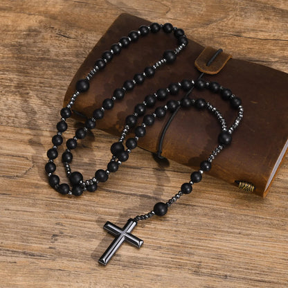 Terço de Colar Preto Hematita Vnox Unissex