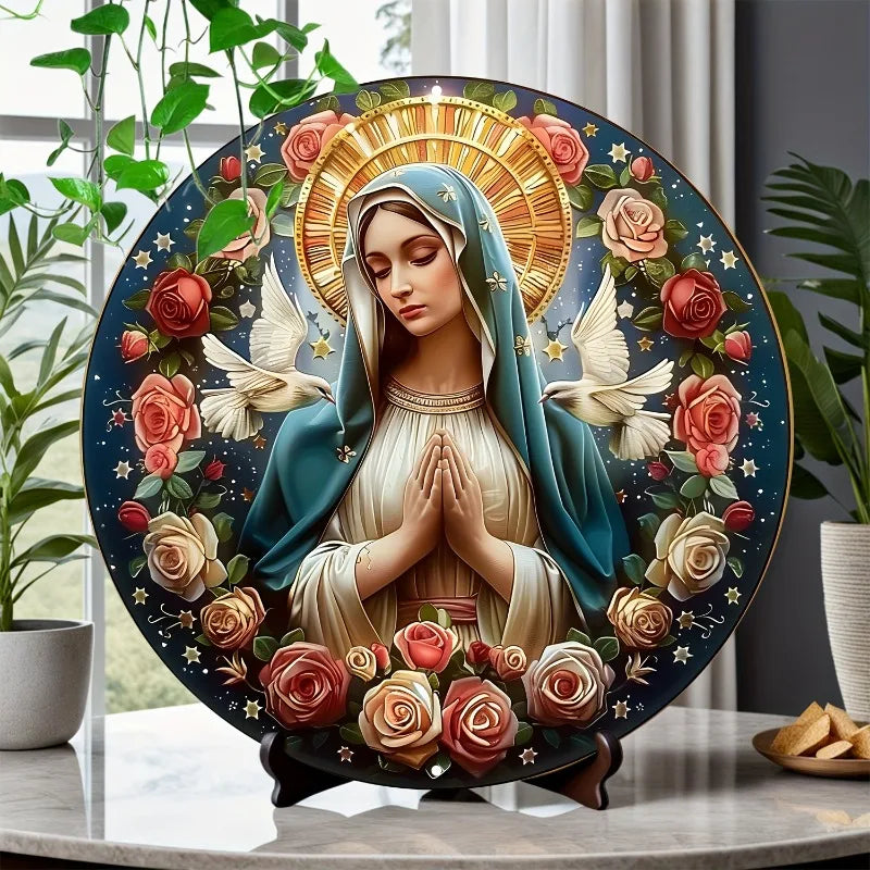 Placa de Alumínio Virgem Maria com Guirlanda Floral