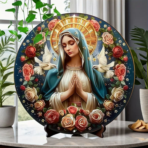 Placa de Alumínio Virgem Maria com Guirlanda Floral