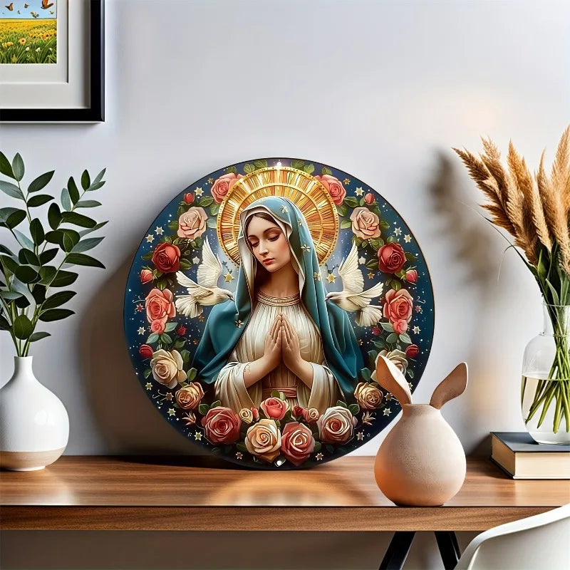 Placa de Alumínio Virgem Maria com Guirlanda Floral