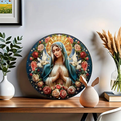 Placa de Alumínio Virgem Maria com Guirlanda Floral